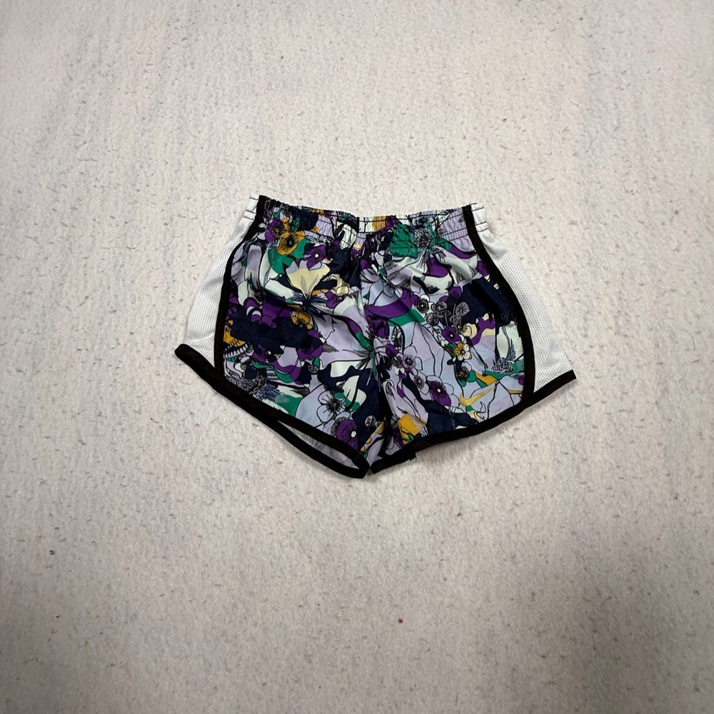 Nike Kids Dri-FIT Floral Running Shorts Purple Green Yellow Size 4-5 Years